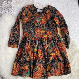 Girls vintage monkey wear paisley corduroy floral long sleeve button dress sz 10